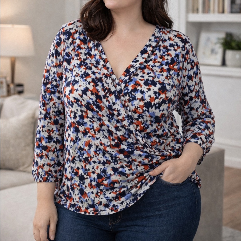 Charter Club Busy Floral V-Neck Blouse | Stretch Top | 0X
